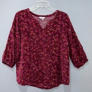 Croft & Barrow Blouse Women XL Burgundy Rayon Paisley 3/4 Sleeve Boho Chic Top